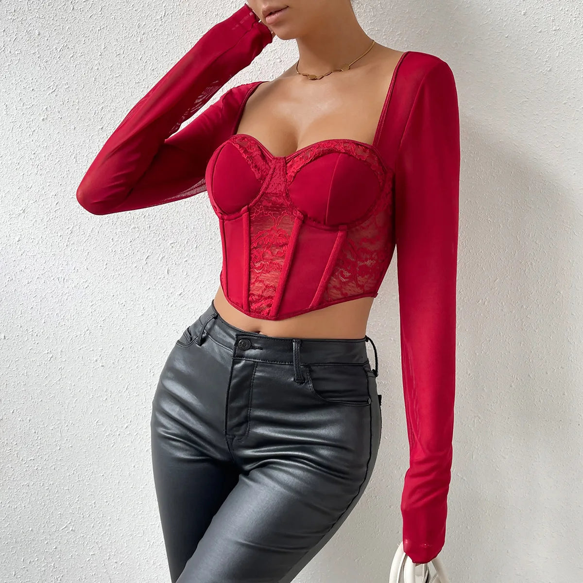 Long Sleeve Mesh Lace Embroidery Crop Top