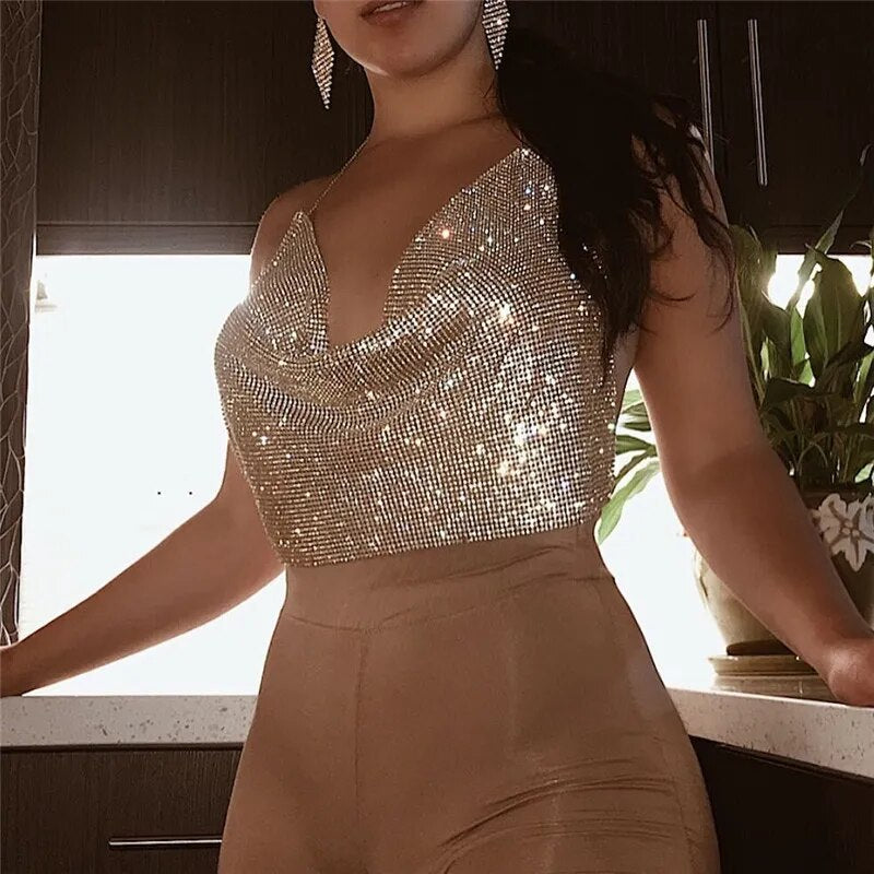 Rhinestone Backless Party Crop Top