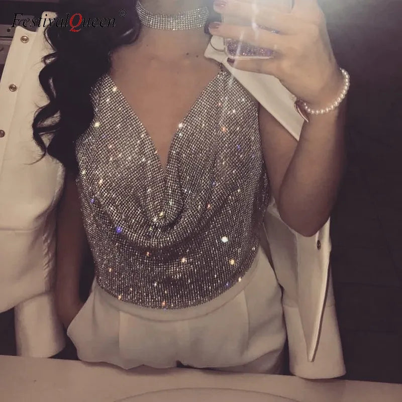 Rhinestone Backless Party Crop Top