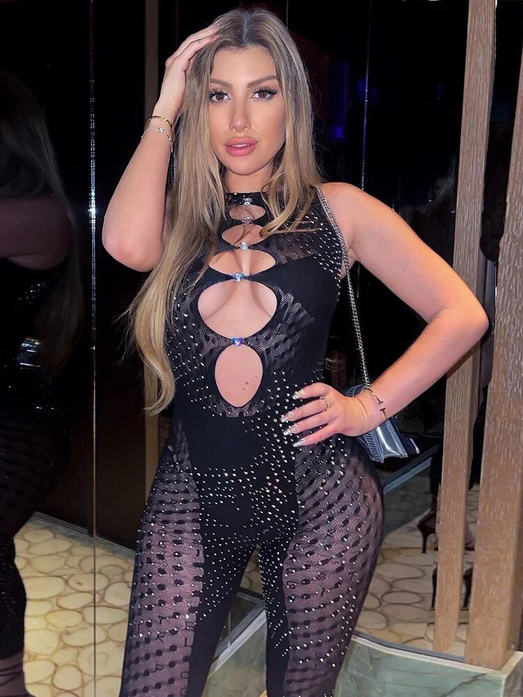 Women Rhinestones Jumpsuit