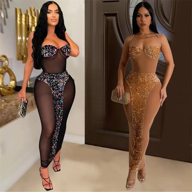 Women Maxi Sequin Dress Mesh See Through