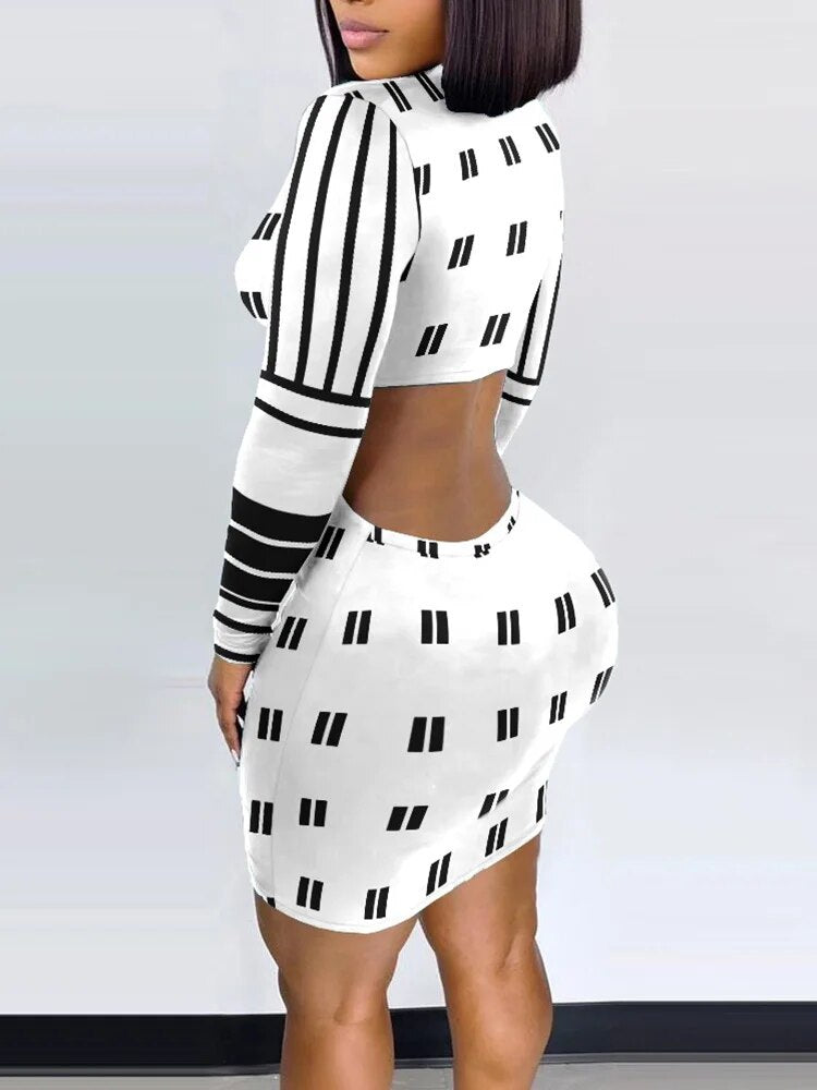 Geo Print Cutout Back Ruched Shirt Dress