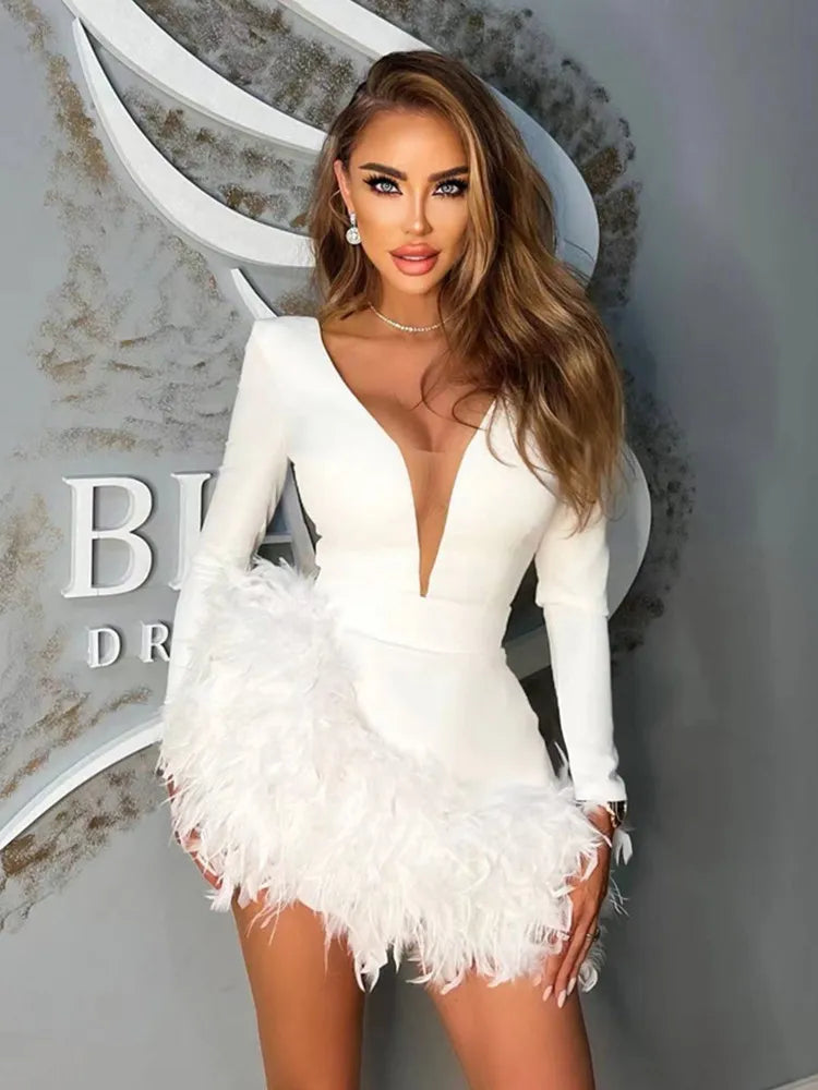 Sexy V Neck Long Sleeve Feather Cocktail Dress
