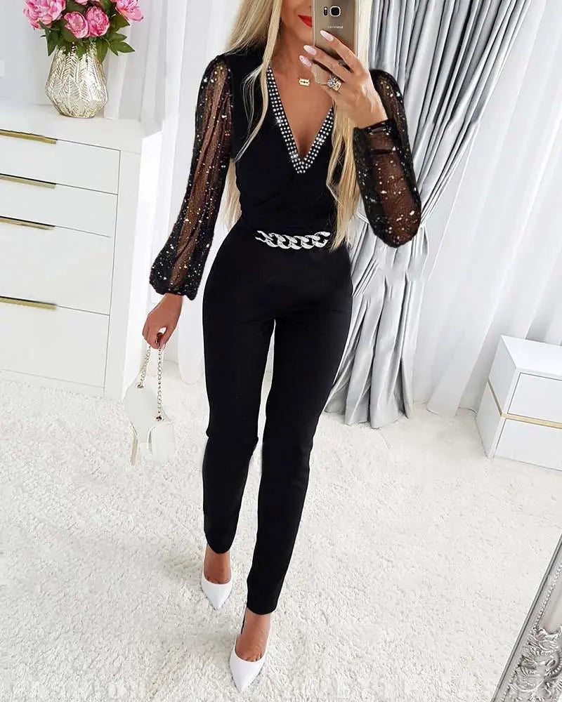 Deep V Neck Mesh Long Sleeves Jumpsuit