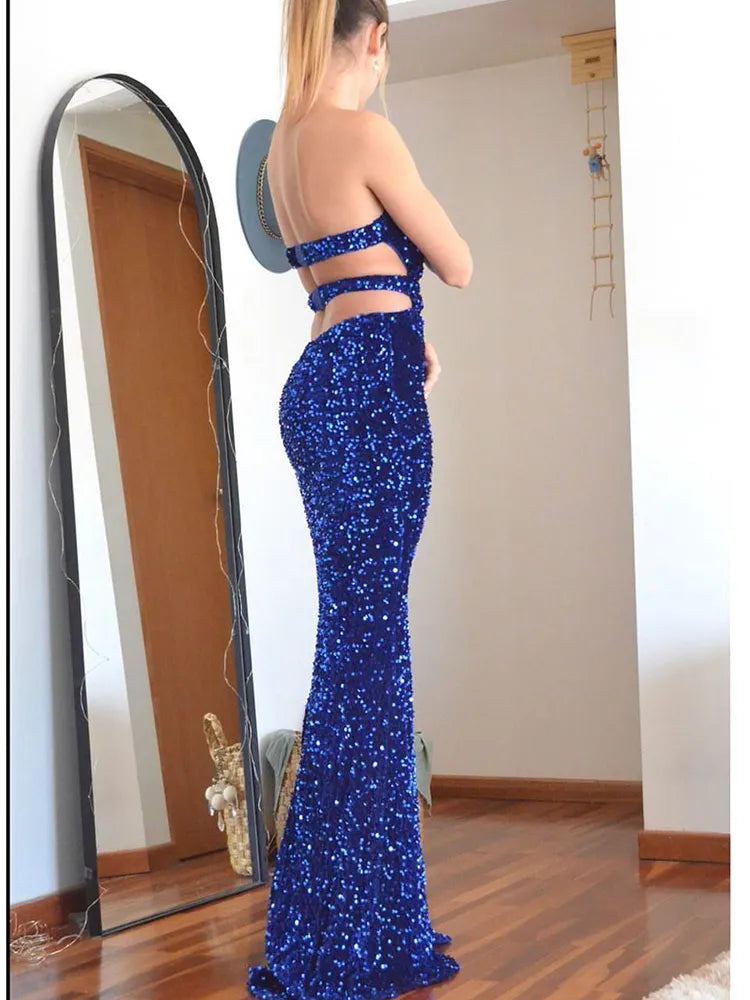 Sequin Strapless Floor Length Backless Evening Dress