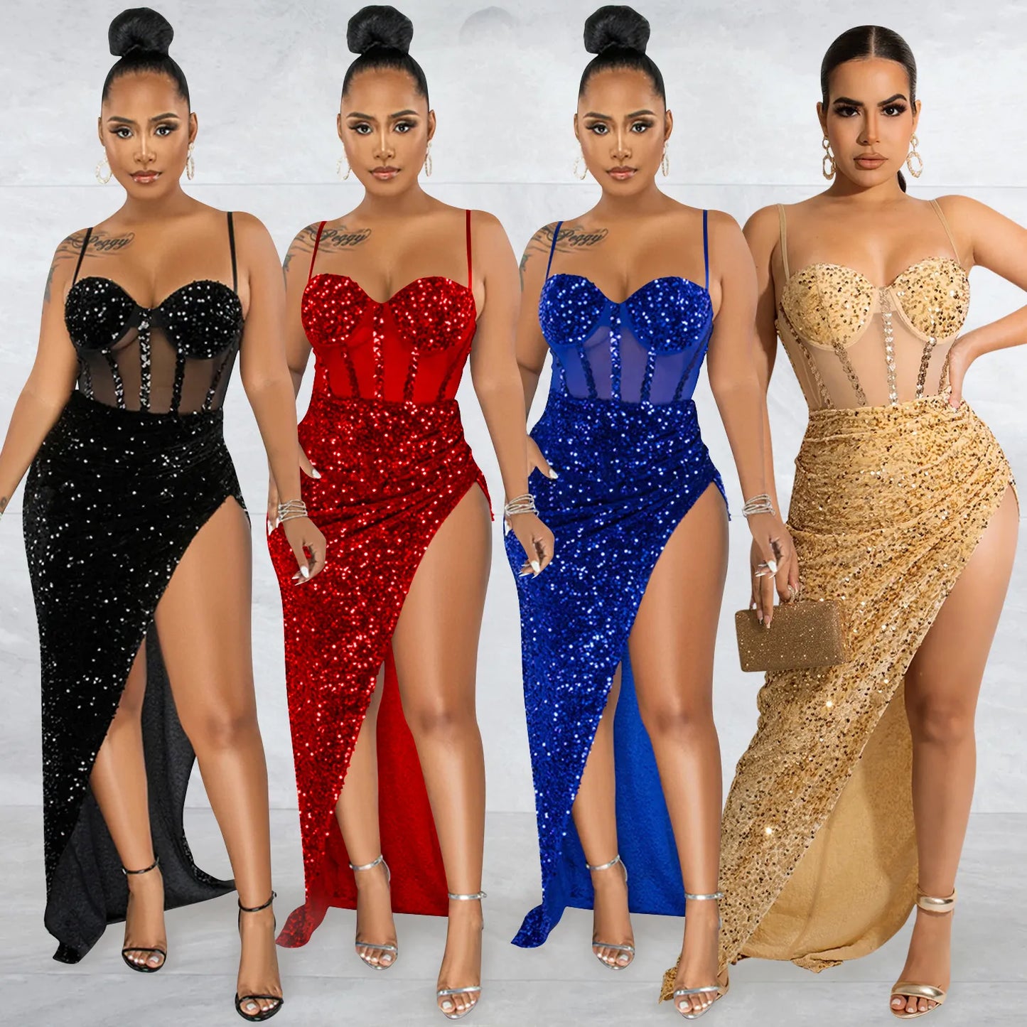 High Side Split Sequin Bodycon Maxi Evening Dress