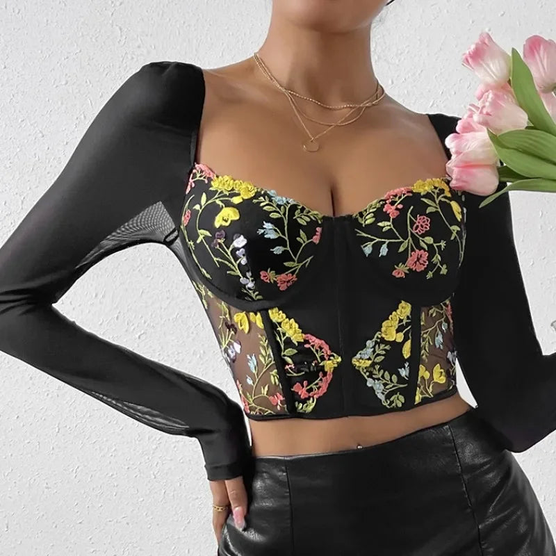 Embroidery Long Sleeve Corset Crop Top