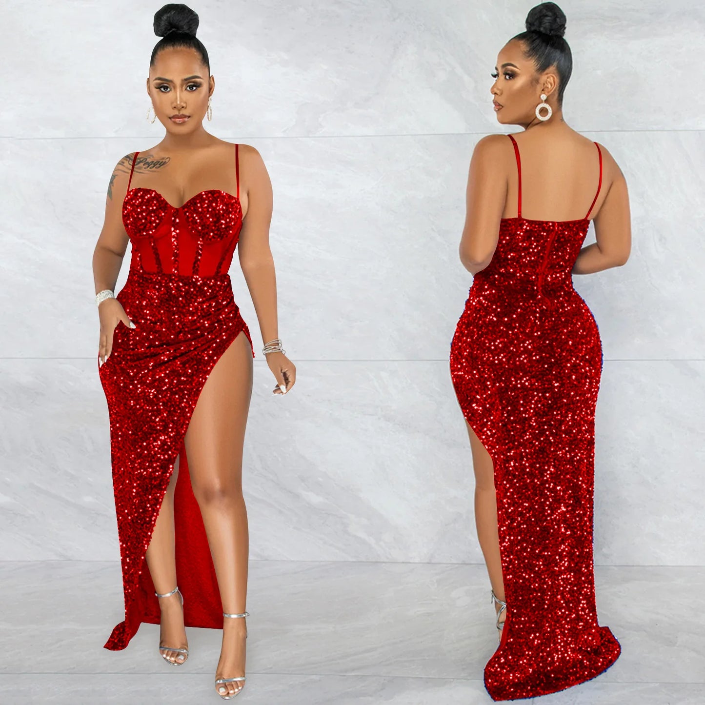 High Side Split Sequin Bodycon Maxi Evening Dress