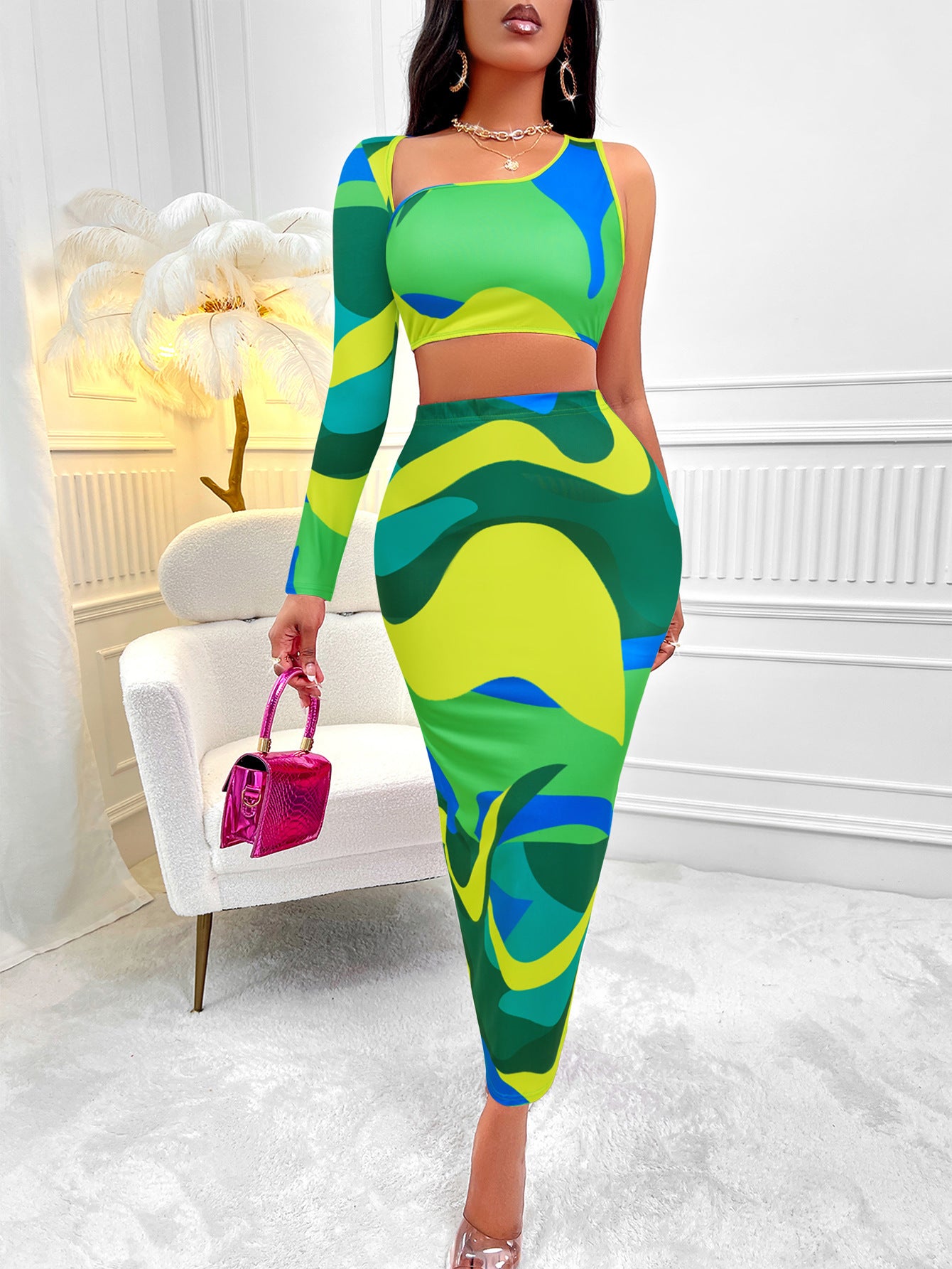 Two Pieces Women's Print Asymmetric One-shoulder