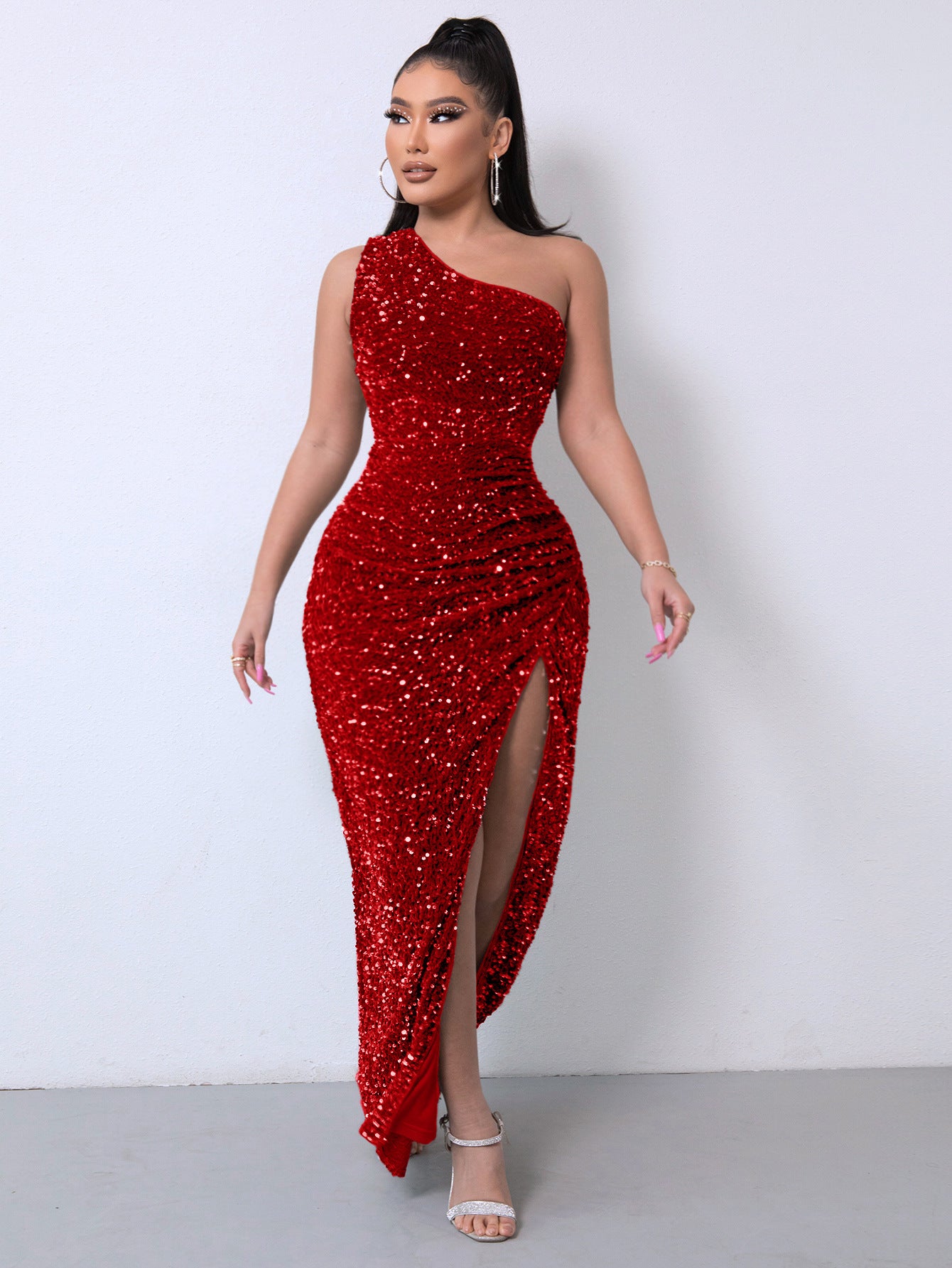 One Shoulder Sequins Gorgeous Slit Women's Dress