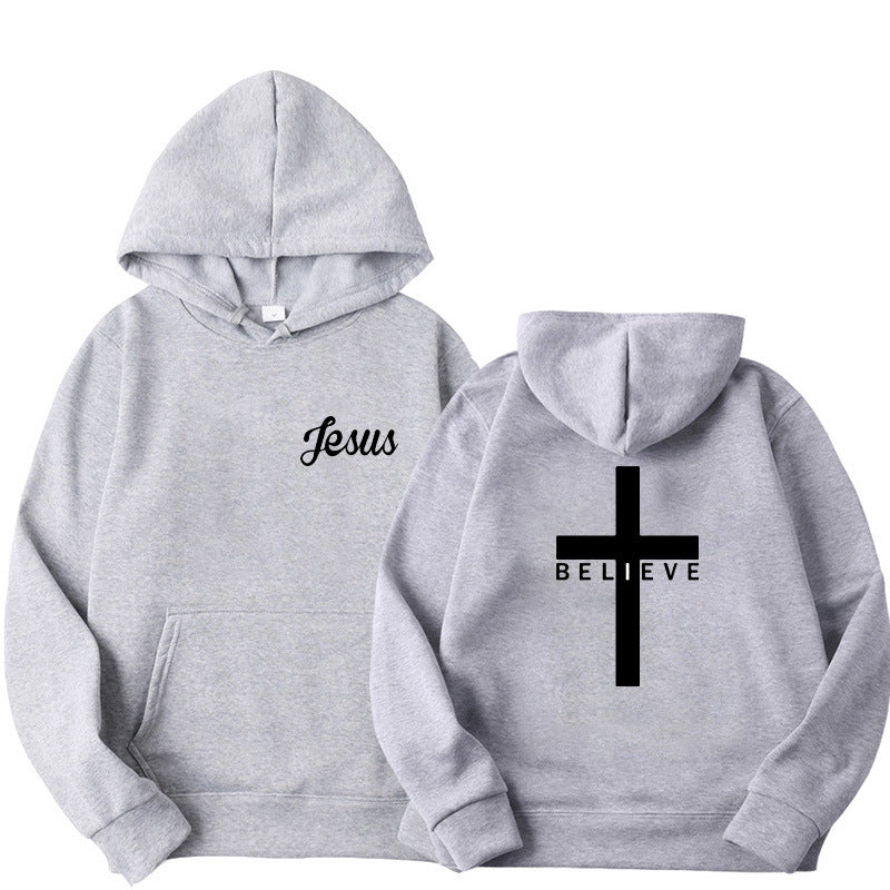Believed Cross Printed Hoodie Men's Pattern Drawstring