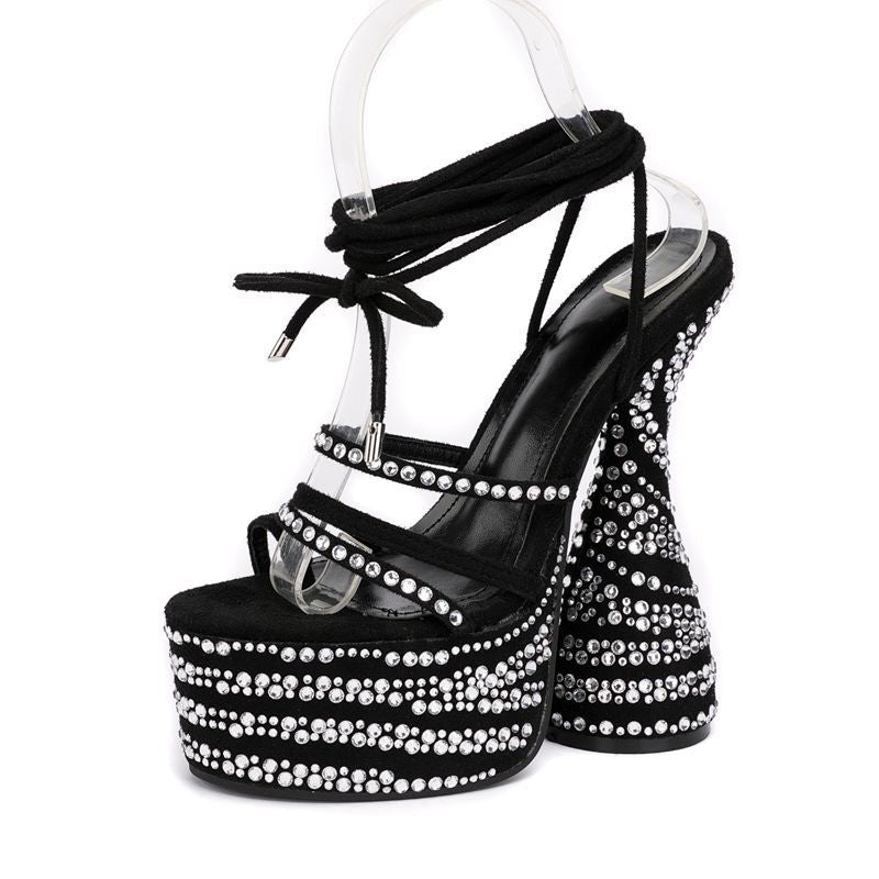 Rhinestone Chunky High Heels Sandals