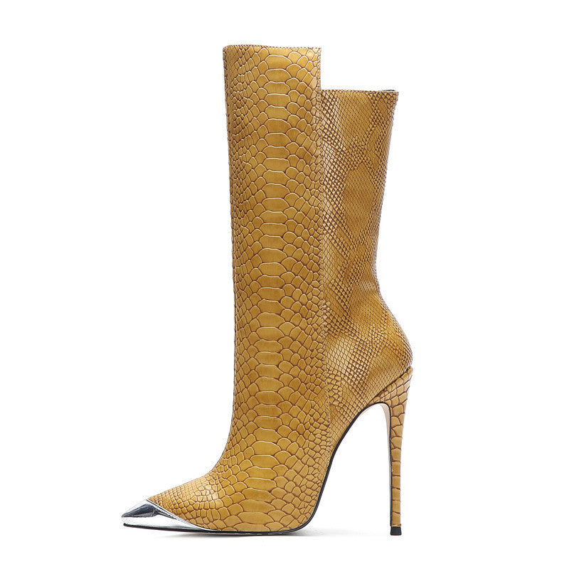 Pointed Toe Snakeskin Heeled Boots