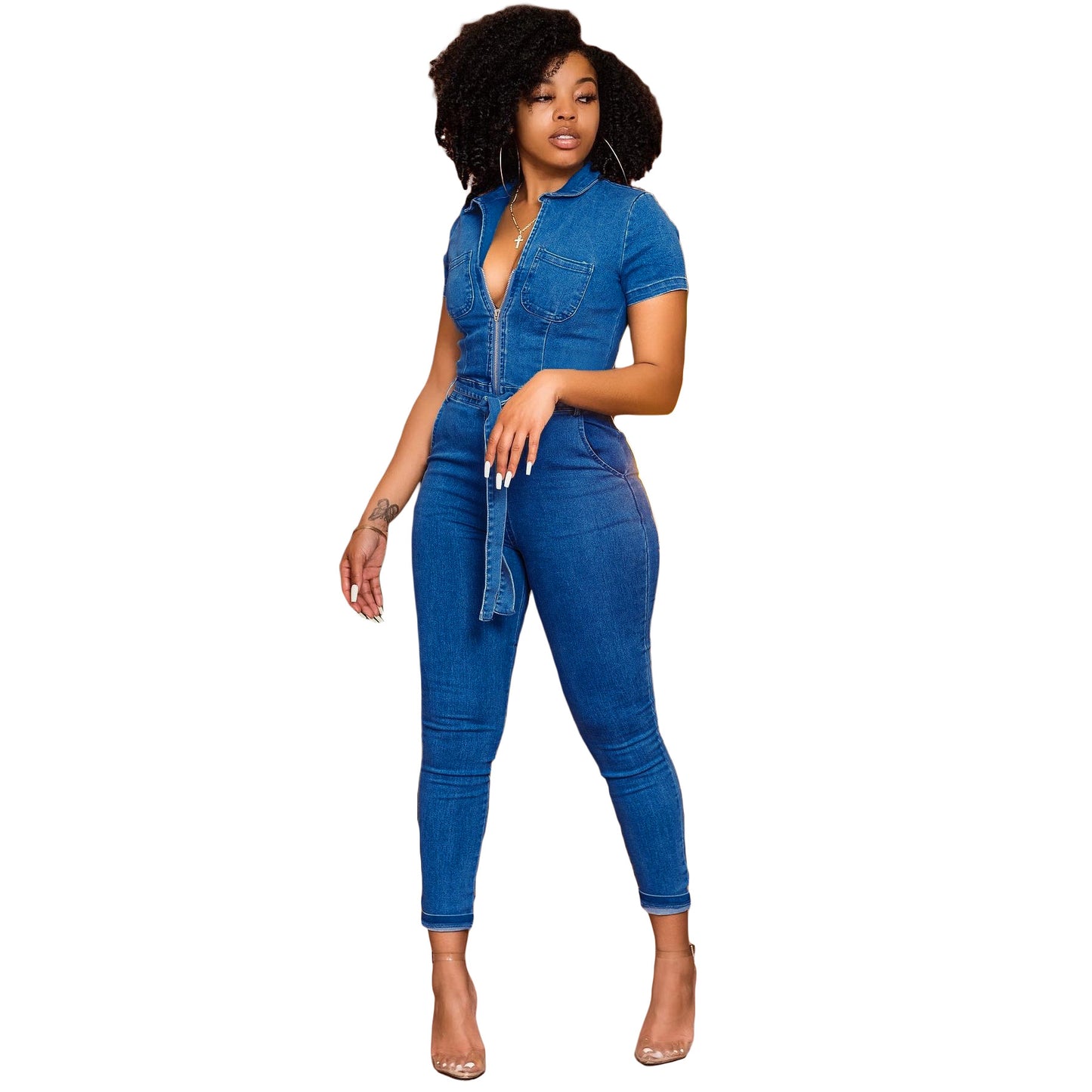 Fashionable Short Sleeves Denim Jumpsuit