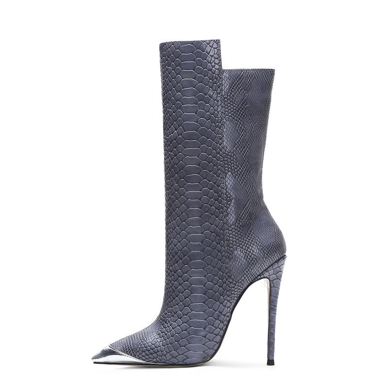 Pointed Toe Snakeskin Heeled Boots