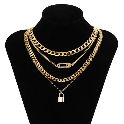Retro Lock Pin Chain Necklace Set Women