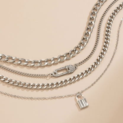Retro Lock Pin Chain Necklace Set Women