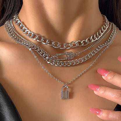 Retro Lock Pin Chain Necklace Set Women