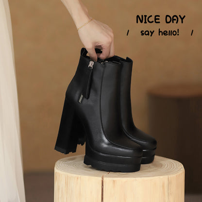 Women's Chunky Heel Platform Leather Side Zip Square Toe Ankle Boots