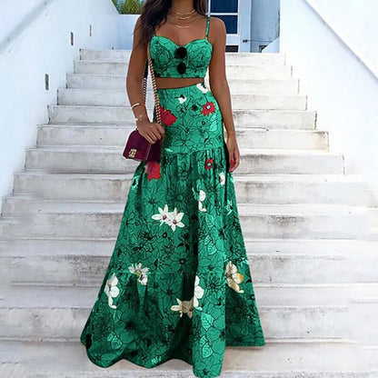 New Floral Print Two Piece Set Maxi Skirt Spaghetti Strap Crop Top