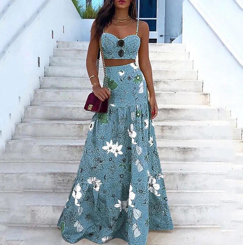 New Floral Print Two Piece Set Maxi Skirt Spaghetti Strap Crop Top