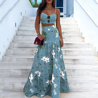 New Floral Print Two Piece Set Maxi Skirt Spaghetti Strap Crop Top