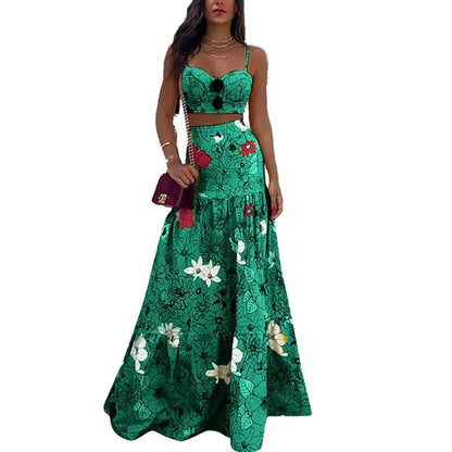 New Floral Print Two Piece Set Maxi Skirt Spaghetti Strap Crop Top
