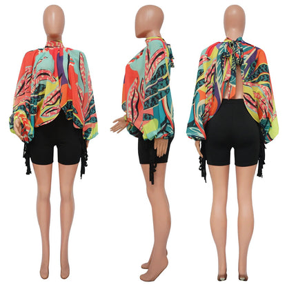 Women Fashion Printed Long Sleeve Front Split See Though Blouse